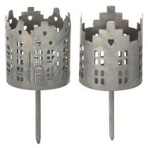 Product Set of 2 Metal Tealight Holders with Spikes, 6cm Diameter, House Design, Silver, for Indoor Use
