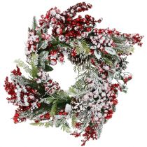Wreath of green with red berries frosted 36cm