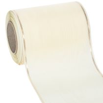 Product Cream-colored wreath ribbon with gold edge, supersatin, 125mm wide, 25m long - Waterproof, ideal for computer printing &amp; environmentally friendly