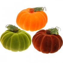 Decorative pumpkin flocked mix orange, green, red autumn decoration 16cm 3pcs