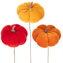 Product Velvet Artificial Pumpkins on Wire, Tri-Coloured Autumn Decoration Set, 8cm, Pack of 9