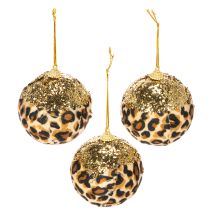 Product Leopard Pattern Christmas Baubles with Golden Glitter 7cm, Pack of 3
