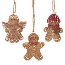 Product Gingerbread-Themed Hanging Ornaments, Artificial, 7 cm, Set of 3, Brown, Red, and White