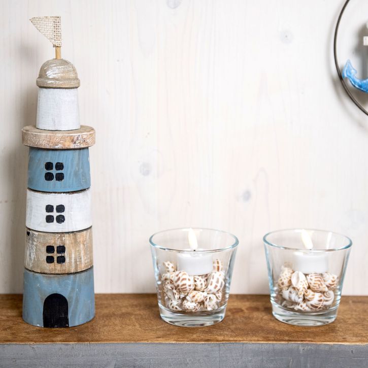 Wooden Lighthouse Maritime Wood Deco Blue White H30.5cm