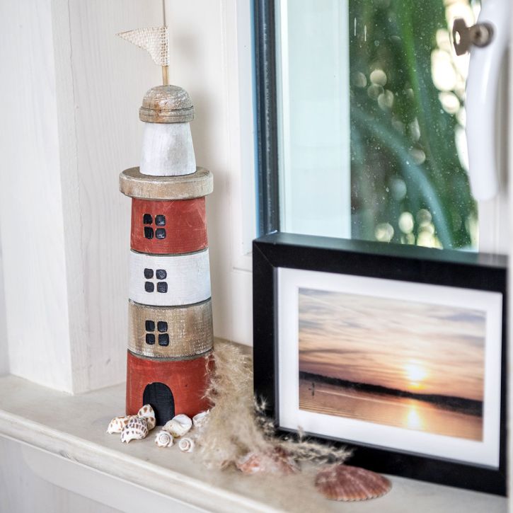 Wooden lighthouse maritime wooden decoration red white H30.5cm