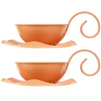 Product Metal decorative cup, orange, Ø11.5cm, H6cm, with saucer, 2 pieces