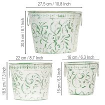 Product Metal pots with handles, planters with embossing, white, green, shabby chic, H20.5/18.5/16cm, Ø25.5/20.5/15.5cm, set of 3