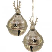 Product Metal bells with reindeer decoration, Advent decoration, Christmas bell with stars, gold bells antique look Ø9cm H14cm 2 pieces