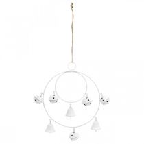 Product Ring with bells, Advent decoration, ring wreath, metal decoration for hanging White H22.5cm W21.5cm
