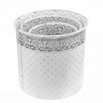Product Plant pot with lace pattern, metal vessel, decorative bucket white, silver shabby chic H28/25.5/23.5 cm Ø29.5/25.5/20 cm set of 3