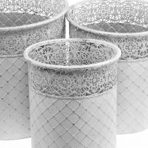 Plant pot with lace pattern, metal vessel, decorative bucket white, silver Shabby Chic H28 / 25.5 / 23.5cm Ø29.5 / 25.5 / 20cm set of 3