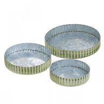 Product Metal plates for decorating, table decoration, candle tray round silver, green shabby chic Ø14/16.5/19.5 cm H3.5 cm set of 3