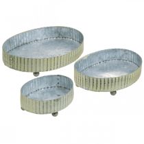 Tray for decorating, candle tray oval, metal decoration silver, green shabby chic L25/22/18cm H6cm set of 3