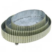 Product Tray for decorating, candle tray oval, metal decoration silver, green shabby chic L25/22/18cm H6cm set of 3