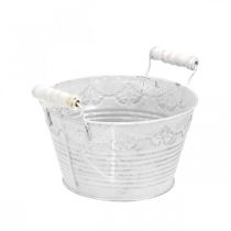 Product Decorative bowl for planting, pot with wooden handles, metal decoration white, silver Ø16.5cm H12.5cm W20cm