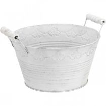 Product Metal vessel, decorative bowl with pattern, plant pot with wooden handles white, silver Ø21.5cm H14.5cm W24.5cm