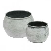 Product Round metal pot, decorative vessel, plant bowl silver, washed white, antique look Ø25.5 / 18cm H17 / 13cm, set of 2