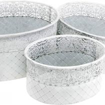 Product Bowl for planting, metal vessel with lace pattern, decorative pot oval white, silver shabby chic L41.5/35/29.5 cm H19/16/14.5 cm set of 3