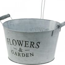 Planting bowl with watering can, garden decoration, metal planter for planting silver white washed H41cm Ø28cm/Ø7cm