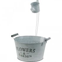 Planting bowl with watering can, garden decoration, metal planter for planting silver white washed H41cm Ø28cm/Ø7cm