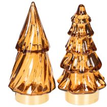 Product Glass Christmas Tree LED Decoration, Battery-Operated, 13cm, Set of 2, Brown and Gold