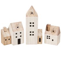 Product Mini Christmas Village Wooden Decoration White Natural H13/7cm 6 pcs