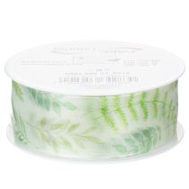 Product Organza ribbon, chiffon ribbon, green with leaf tendrils, 40mm wide, 15m long