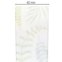 Product Organza ribbon, chiffon ribbon, green with leaf tendrils, 40mm wide, 15m long