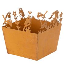 Product Metal plant pot with birds, planter, spring, rust finish, 15.5cm high