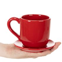 Product Large Red Ceramic Cup Planter with Attached Saucer, 17cm