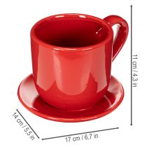 Product Large Red Ceramic Cup Planter with Attached Saucer, 17cm