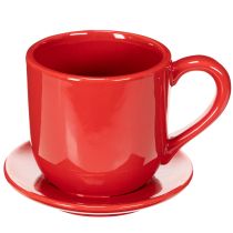 Product Large Red Ceramic Cup Planter with Attached Saucer, 17cm