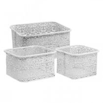 Metal bowls with lace pattern, angular decorative vessel, shabby chic, white 27/23 / 19cm H13.5cm, set of 3