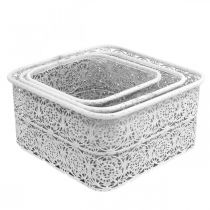Product Metal bowls lace pattern, square decorative vessel, shabby chic, white 27/23/19cm H13.5cm set of 3