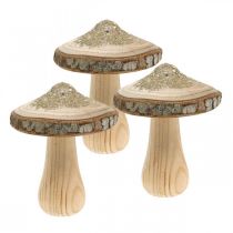 Wooden mushroom bark and glitter deco mushrooms wood H8.5cm 4pcs