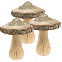 Wooden mushroom bark and glitter deco mushrooms wood H11cm 3pcs