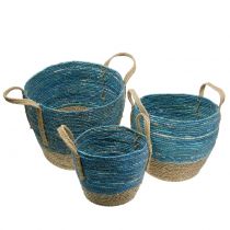 Rattan basket Nature/Blue Ø40/32/26cm 3pcs