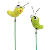 Wooden caterpillar on stick green, yellow 8cm 24 pcs
