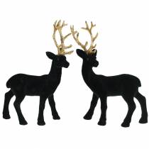 Deco deer flocked black, gold 20cm 2pcs