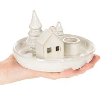 Product Ceramic Candle Holder with House and Trees, 16 cm, Grey-White