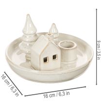 Product Ceramic Candle Holder with House and Trees, 16 cm, Grey-White