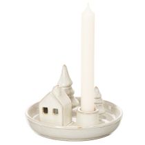 Product Ceramic Candle Holder with House and Trees, 16 cm, Grey-White