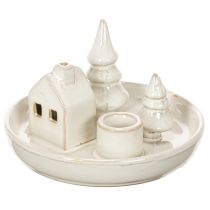 Product Ceramic Candle Holder with House and Trees, 16 cm, Grey-White