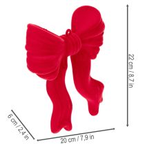 Product Red Flocked Decorative Bow with Hanging String for Indoor Christmas Decor - 22cm