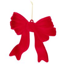 Product Red Flocked Decorative Bow with Hanging String for Indoor Christmas Decor - 22cm