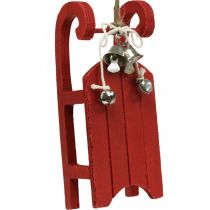 Product Deco sled wood red with bell cord L13cm 4pcs