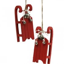 Product Deco sled wood red with bell cord L13cm 4pcs