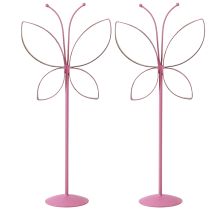 Product Butterfly Metal Decoration Stand Fuchsia Gold H29cm 2 Pcs