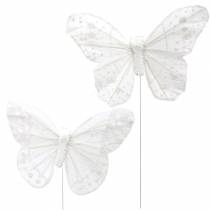 Feather butterfly on wire white with glitter 10cm 12pcs