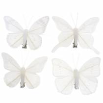 Feather butterfly on clip white 7-8cm 8pcs